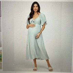Pink Blush Light Blue Textured Dot Front Tie Ruffle Sleeve Maternity Midi Dress